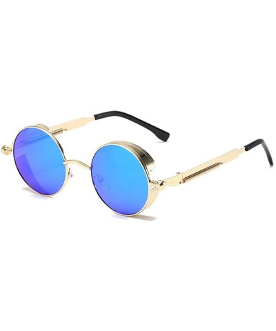Round Sunglasses Retro Round Men Women Eyewear Vintage Hippie Metal Circle Steampunk Glasses Color Mirrored Lens - Blue - CY1...
