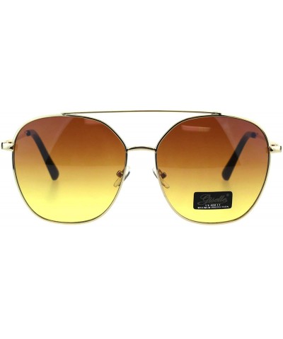 Rectangular Womens Double Flat Top Bridge 90s Metal Rim Round Designer Sunglasses - Gold Brown Yellow - CZ18EQ909YR $10.65