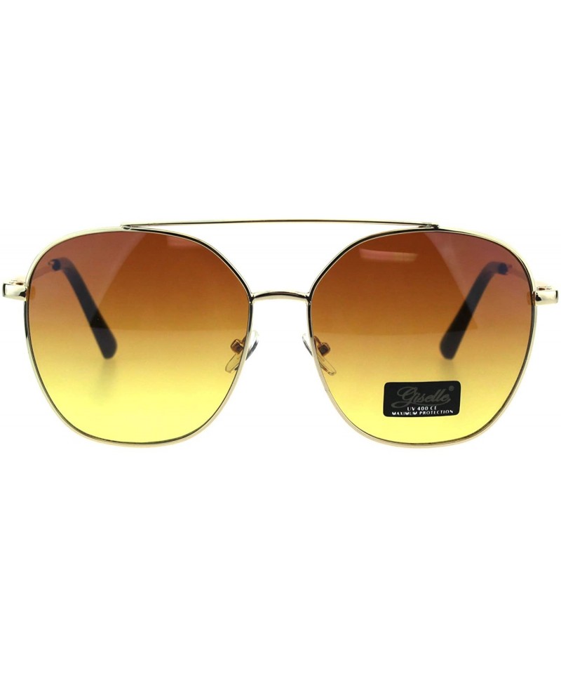Rectangular Womens Double Flat Top Bridge 90s Metal Rim Round Designer Sunglasses - Gold Brown Yellow - CZ18EQ909YR $10.65