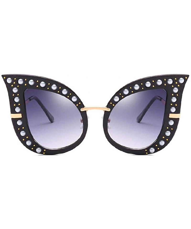 Cat Eye Cat Eye Fashion Shiny Diamond Women Sunglasses - Pearl Jeweled Glasses UV400 - Black - CM18CIDA7TN $9.15