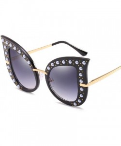 Cat Eye Cat Eye Fashion Shiny Diamond Women Sunglasses - Pearl Jeweled Glasses UV400 - Black - CM18CIDA7TN $19.78