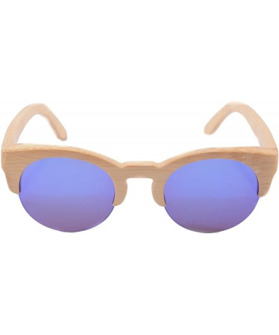 Semi-rimless Retro Wood Sunglasses Semi-rimless Mirrored Lens Glasses with Bamboo Case - Z6017 (bamboo nature - ice blue) - C...