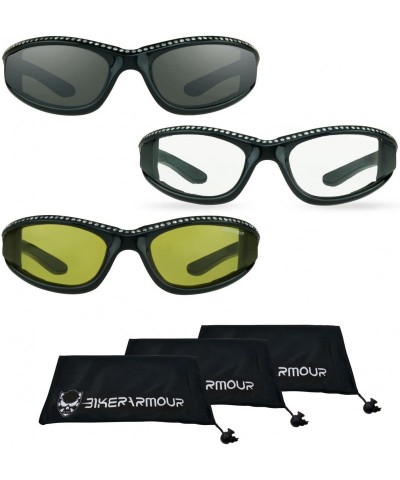 Goggle Rhinestone Motorcycle Sunglasses Foam Padded for Women. (Black Smoke + Clear + Yellow Combo) - CK187QX6W8D $51.78