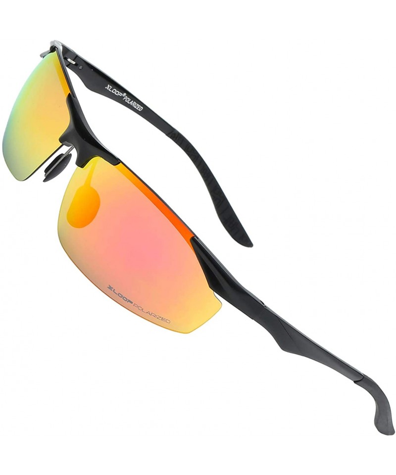 Semi-rimless Polarized Rectangular Al-Mg Metal Half Frame Driving Sport Sunglasses For Men - Matte Black - Polarized Lava Red...