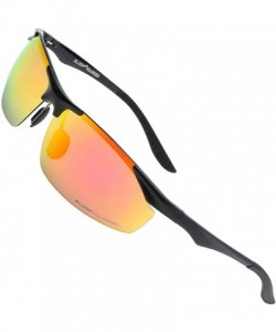 Semi-rimless Polarized Rectangular Al-Mg Metal Half Frame Driving Sport Sunglasses For Men - Matte Black - Polarized Lava Red...