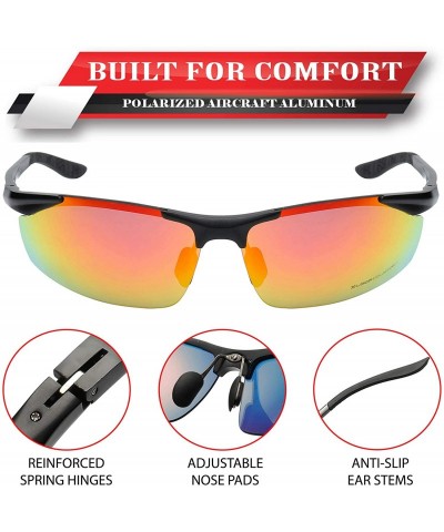 Semi-rimless Polarized Rectangular Al-Mg Metal Half Frame Driving Sport Sunglasses For Men - Matte Black - Polarized Lava Red...