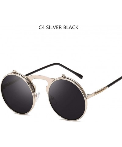 Rectangular Sunglasses Round Metal Women Style Retro Flip Circular Double Metal Sun Glasses - Silver Black - CC194OUME38 $18.76