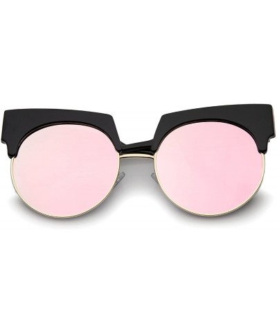 Cat Eye Bold Wide Temple Colored Mirror Round Lens Half-Frame Cat Eye Sunglasses 57mm - Black-gold / Pink Mirror - CF12MAHTZ2...