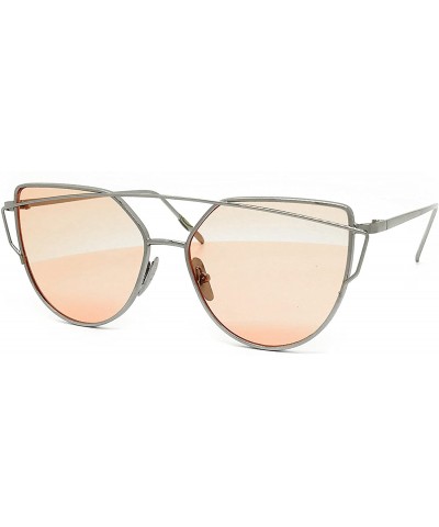 Cat Eye 842 Premium Oversized Cat Eye Tinted Flat Lenses Retro Street Fashion Metal Frame Women Sunglasses - Silver/Pink - CM...