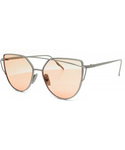 Cat Eye 842 Premium Oversized Cat Eye Tinted Flat Lenses Retro Street Fashion Metal Frame Women Sunglasses - Silver/Pink - CM...