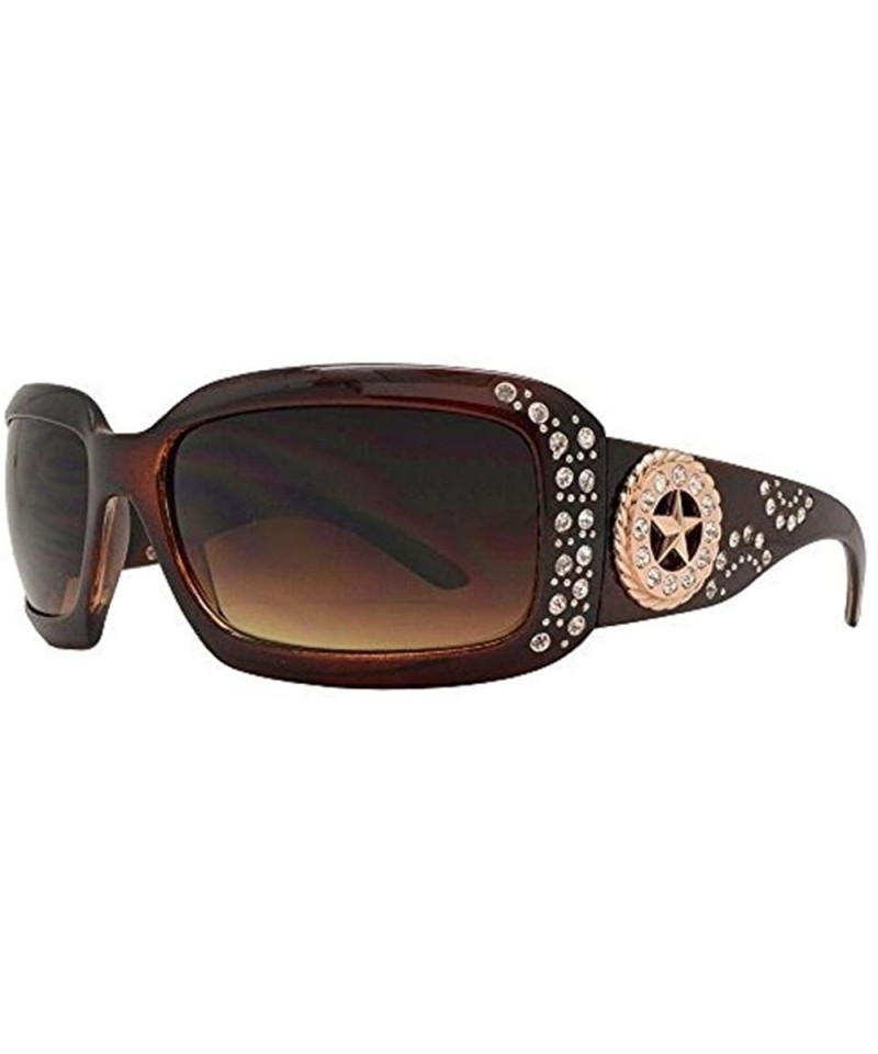 Rectangular Western Cowgirl Bling Sunglasses Rhinestone Ladies Womens Shades + Case Jp - Brown Gold Star - CU1903UX0NL $19.27