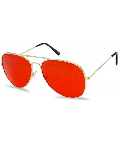 Round Colorful Gold Metal Classic Black Plastic Aviator Sunglasses 60mm 65mm Aviators w/ Color Lenses - Gold - Red - CS12MXZO...