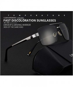 Rectangular Men's Driving Sunglasses Rectangular Polarized Discoloration Lens Metal Frame - Black Gold Frame Gray Sheet - CF1...