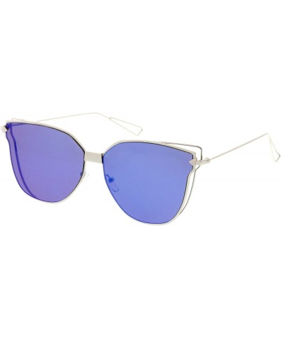 Cat Eye Oversize Slim Wire Arms Colored Mirror Flat Lens Cat Eye Sunglasses 59mm - Silver / Blue Mirror - CB183G4YZTU $12.77