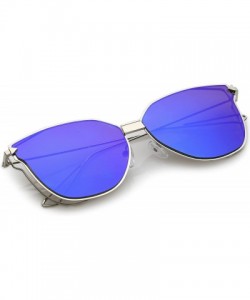 Cat Eye Oversize Slim Wire Arms Colored Mirror Flat Lens Cat Eye Sunglasses 59mm - Silver / Blue Mirror - CB183G4YZTU $12.77