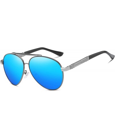 Oval Polarized Oval Sunglasses for Mens Driving Fishing Blue lens UV 400 Protection Alloy Black Frame - Grey Blue - CL18AUU86...