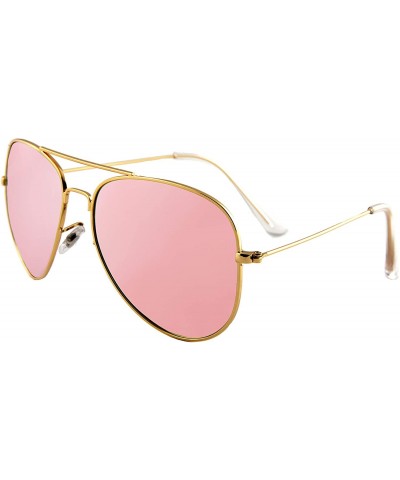 Oversized Women Sunglasses Polarized UV400 Double Bridge AVIATOR Mirrored Pink - Gold Metal Frame/ Mirror Pink Lens - C318H2Y...