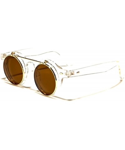 Round Retro Round Flip Up Steampunk Sunglasses - Clear / Transparent & Gold Frame - CN185CH39GL $14.58