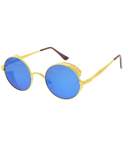 Round Heritage Modern"Side Shield" Wired Frame Sunglasses - Blue - CB18GYITA74 $12.75