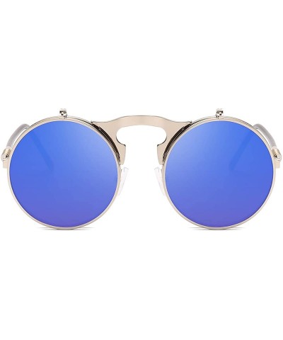 Goggle Round Sunglasses for Men Women 90's Retro Steampunk Style Flip Up Circle Sunglasses - Silver Frame/Blue Lens - CZ18Z75...