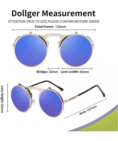 Goggle Round Sunglasses for Men Women 90's Retro Steampunk Style Flip Up Circle Sunglasses - Silver Frame/Blue Lens - CZ18Z75...