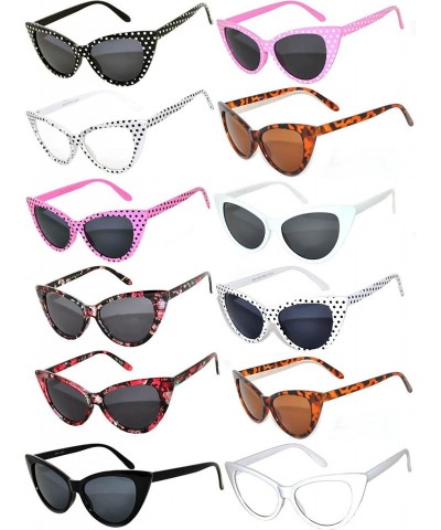 Sport Retro Women's Cat Eye Vintage Sunglasses Smoke Lens 12 PCS wholesale - Cat_eye_12p_smk_cl_bk_wh_pk_bw - C7185UYIIZN $62.87