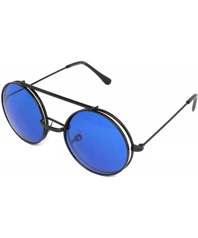 Goggle Flip Up Steampunk Metal Django Sunglasses - Black- Blue - C8180IO4OQW $21.56