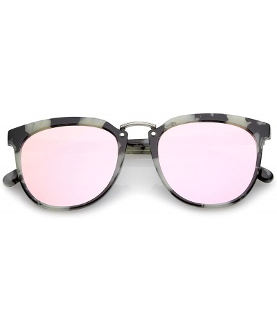 Round Classic Metal Bridge Square Mirrored Flat Lens Horn Rimmed Sunglasses 55mm - Black-white Marble / Pink Mirror - CK12O7A...