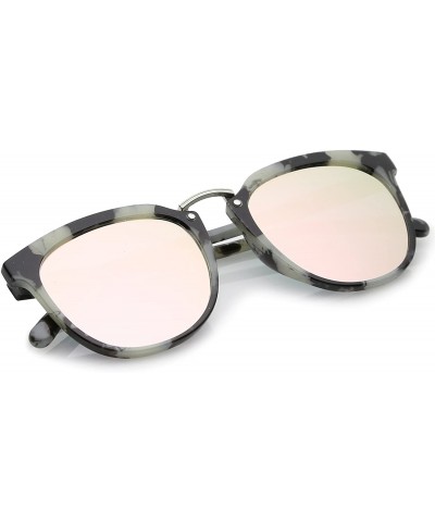 Round Classic Metal Bridge Square Mirrored Flat Lens Horn Rimmed Sunglasses 55mm - Black-white Marble / Pink Mirror - CK12O7A...