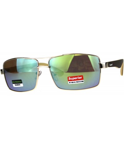 Rectangular Mens Color Mirror Metal Pilots Officer Bamboo Wood Arm Sunglasses - Gold Yellow - C3180AO60SY $12.31