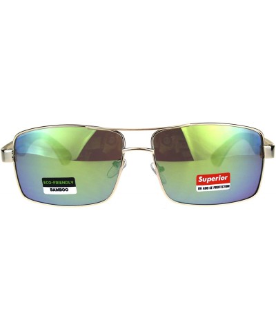 Rectangular Mens Color Mirror Metal Pilots Officer Bamboo Wood Arm Sunglasses - Gold Yellow - C3180AO60SY $12.31