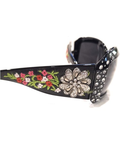 Rectangular Western Cowgirl Bling Sunglasses Rhinestone Ladies Womens Shades + Case Jp - Black Flower Floral - CI18AIKYAWO $1...
