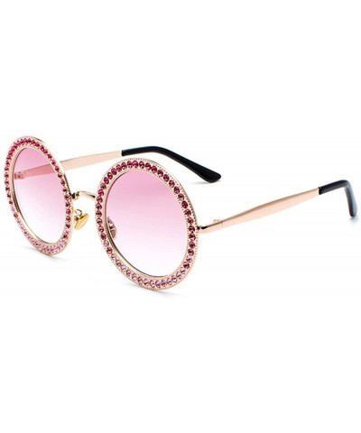 Semi-rimless Women Round Rhinestone Sunglasses Metal Frame Polycarbonate lens - Gold Pink - C818EO4DI7A $14.62