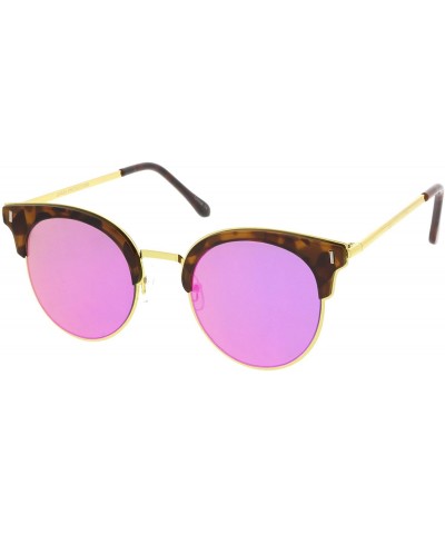 Rimless Modern Half Frame Round Colored Mirror Flat Lens Horn Rimmed Sunglasses 49mm - Tortoise-gold / Magenta Mirror - C817Y...