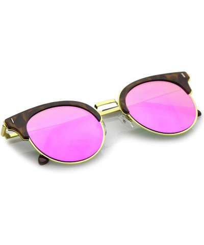 Rimless Modern Half Frame Round Colored Mirror Flat Lens Horn Rimmed Sunglasses 49mm - Tortoise-gold / Magenta Mirror - C817Y...