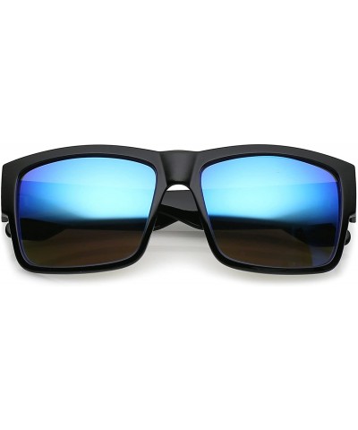 Square Men's Flat Top Thick Arms Square Mirror Lens Horn Rimmed Sunglasses 57mm - Shiny Black / Blue Mirror - C31825LGRIY $13.58