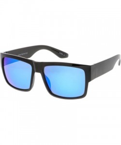 Square Men's Flat Top Thick Arms Square Mirror Lens Horn Rimmed Sunglasses 57mm - Shiny Black / Blue Mirror - C31825LGRIY $13.58