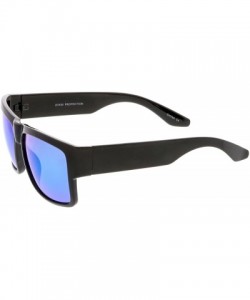 Square Men's Flat Top Thick Arms Square Mirror Lens Horn Rimmed Sunglasses 57mm - Shiny Black / Blue Mirror - C31825LGRIY $13.58