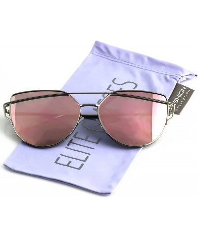 Cat Eye Cat Eye Metal Frame Flat Top Mirrored Lens Women Fashion Sunglasses - Pink Silver - CJ17YC3WQ6H $18.52