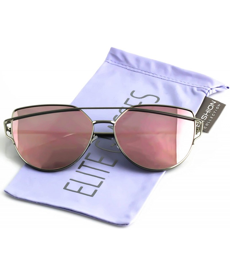Cat Eye Cat Eye Metal Frame Flat Top Mirrored Lens Women Fashion Sunglasses - Pink Silver - CJ17YC3WQ6H $11.72