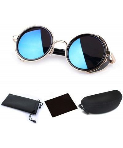 Oversized Round Steampunk Sunglasses with Side Shields Metal Frame Circle Mirror Lens Eye Glasses Goggles for Men Women - CG1...