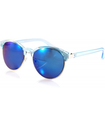 Rimless Semi-Rimless Clear Horn Rimmed Round Sunglasses Mirrored Lens A099 - Blue/ Blue Rv - C4180H2QXAH $15.83