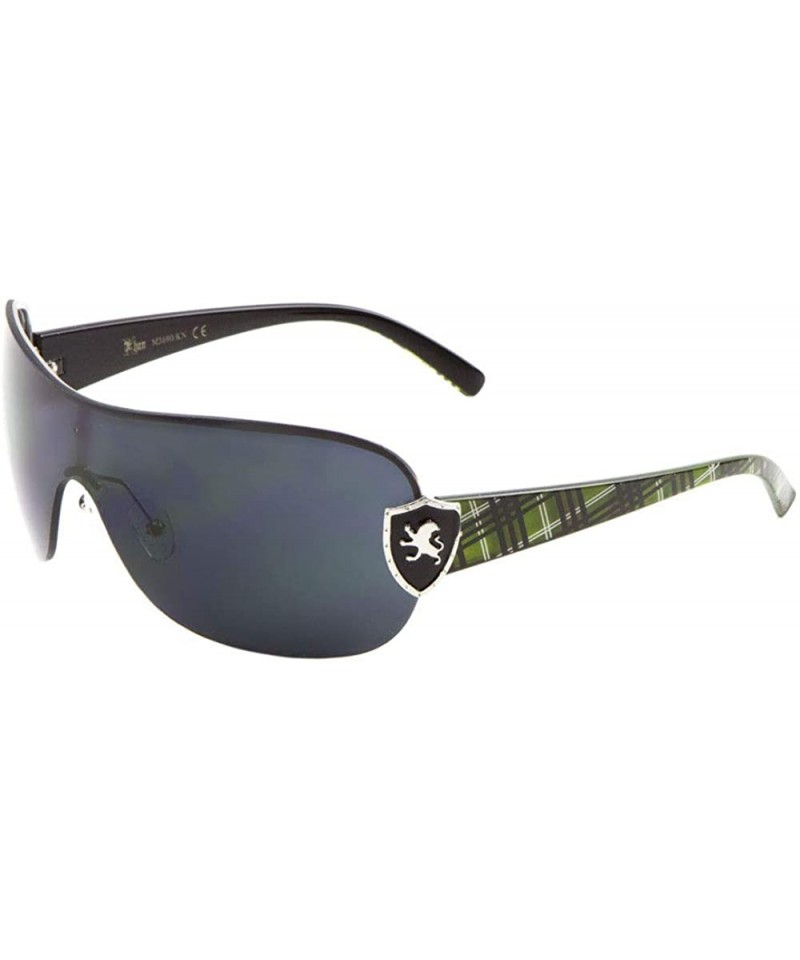 Shield 3-D Side Logo Shield Stripe Pattern Temple Curved One Piece Shield Sunglasses - Black Green - CJ199D3YEKX $22.88