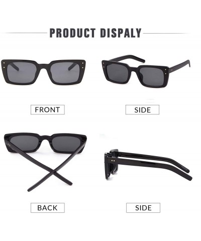 Square Retro Vintage Square Women Sunglasses Small Plastic Frame with Rivet - Glossy Black Frame/Grey Lens With Rivets - CD18...