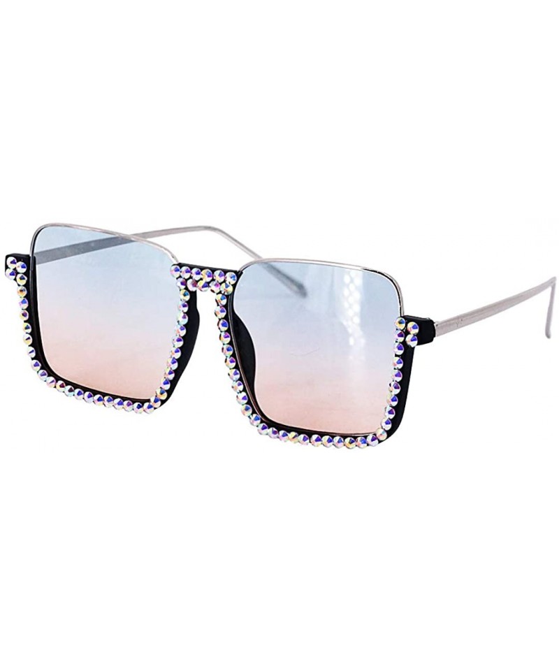 Oversized Oversized Diamond Sunglasses for Women Square Bling Rhinestone Shades - Blue Tea - CJ197M02ID0 $18.57