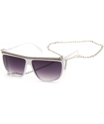 Oversized Women Flat Top Oversized Retro Chain Sunglasses w/Metal Chain on Top & Neck - White - CD117DDZ239 $10.67