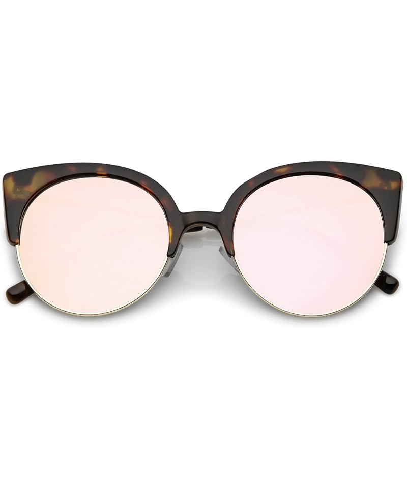 Round Women's Half Frame Ultra Slim Arms Mirrored Round Flat Lens Cat Eye Sunglasses 53mm - Tortoise Gold / Pink Mirror - CT1...