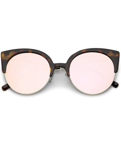 Round Women's Half Frame Ultra Slim Arms Mirrored Round Flat Lens Cat Eye Sunglasses 53mm - Tortoise Gold / Pink Mirror - CT1...