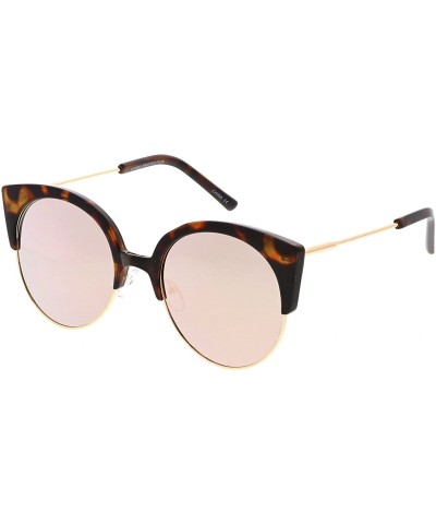 Round Women's Half Frame Ultra Slim Arms Mirrored Round Flat Lens Cat Eye Sunglasses 53mm - Tortoise Gold / Pink Mirror - CT1...