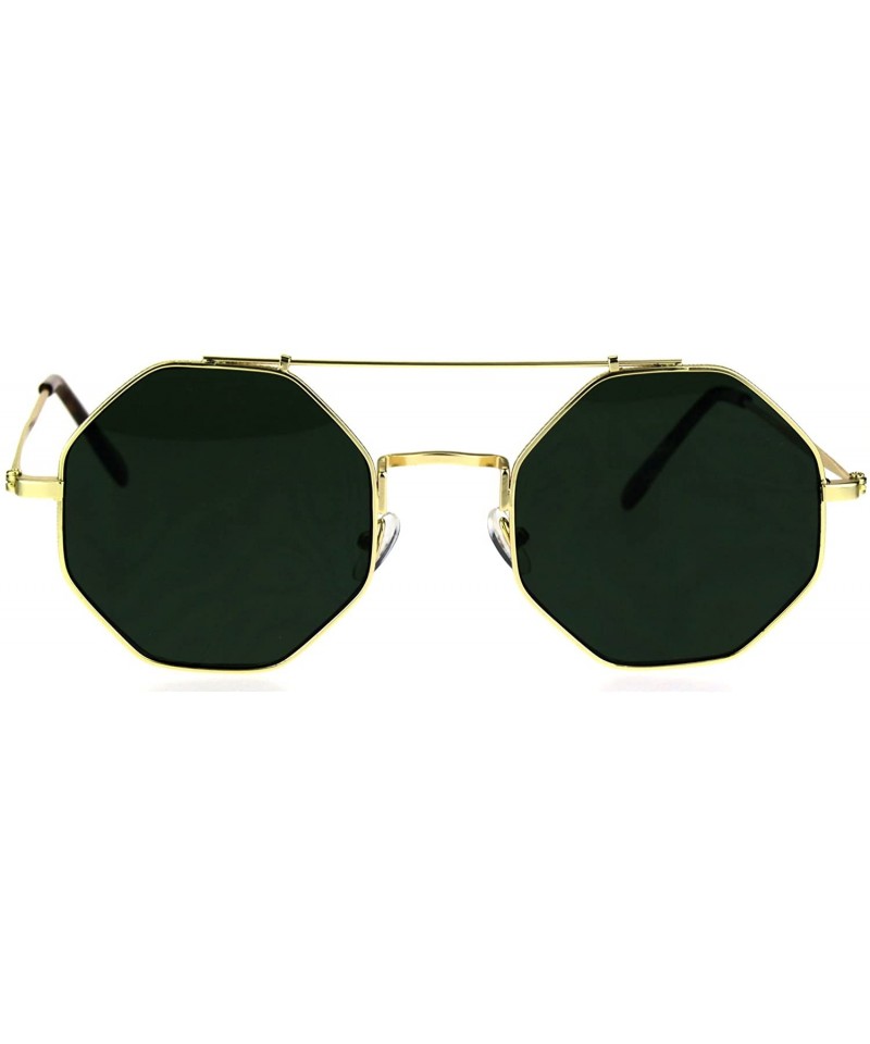 Aviator Mens Squared Octagon Groovy Hippie Flat Top Metal Rim Sunglasses - Gold Green - CW17Z4HX8IU $14.59